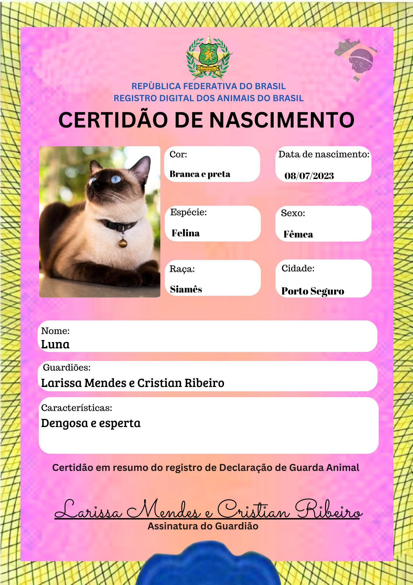 Certidão de Nascimento Pet rosa